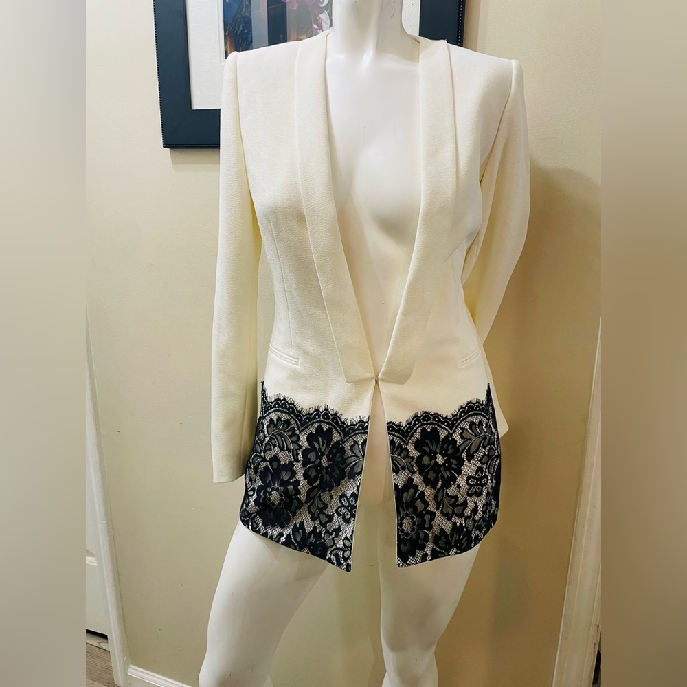 Gianni Bini White Longline Blazer with Black Lace Hem